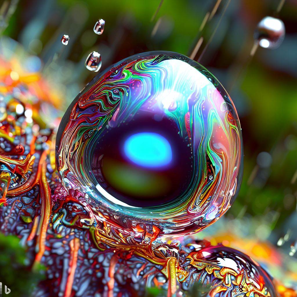 3- 3D hyper-detailed joyfully bursting spattering raindrop with multi-colored nano-circuitry iris-stroma living breathing eye-pupil at its core, spattering wet rainforest moss synapses, mirroring recursion.jpg